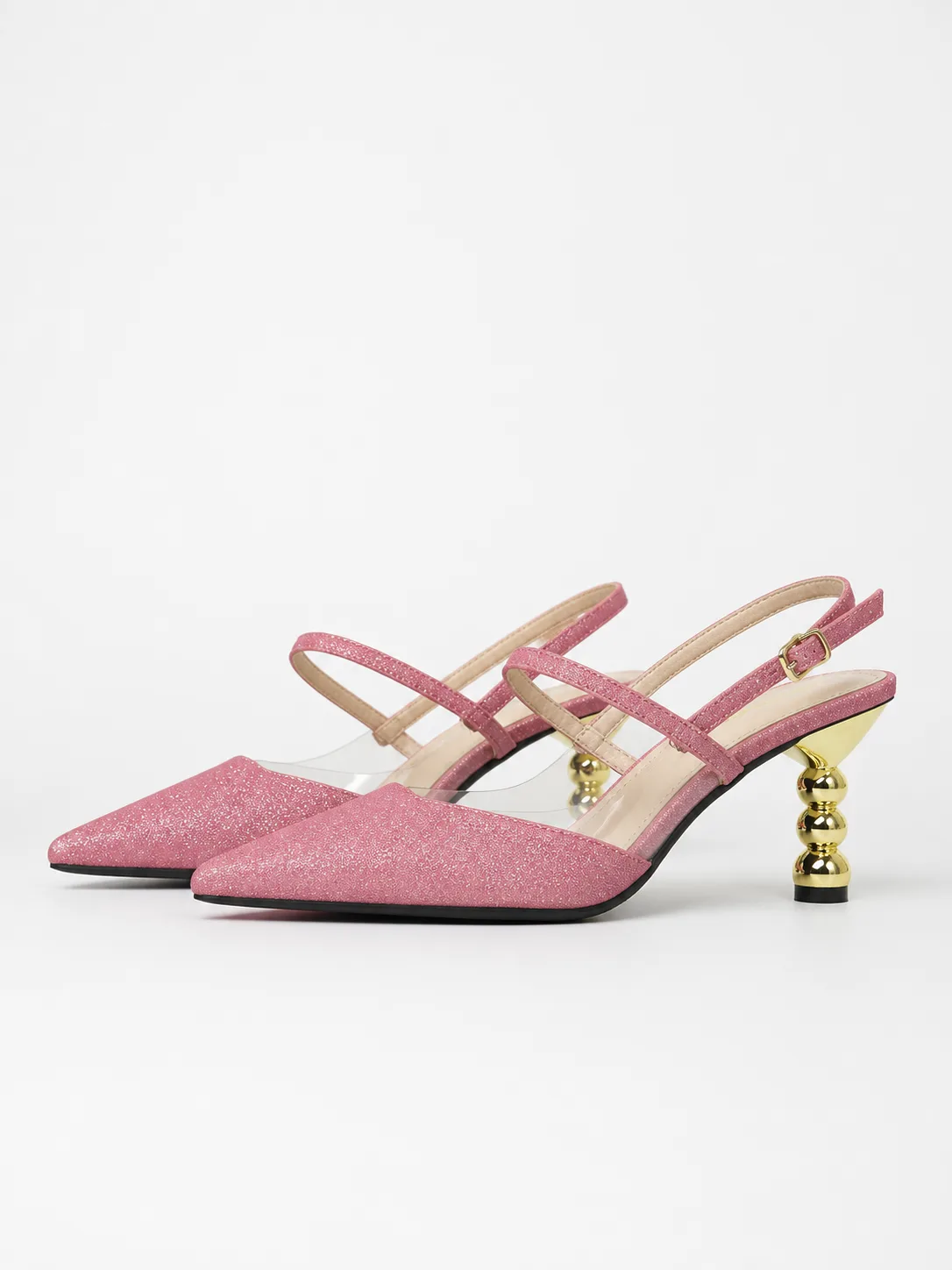 PINK GLITTER CLEAR STRAP ORNAMENTAL HEEL MULES