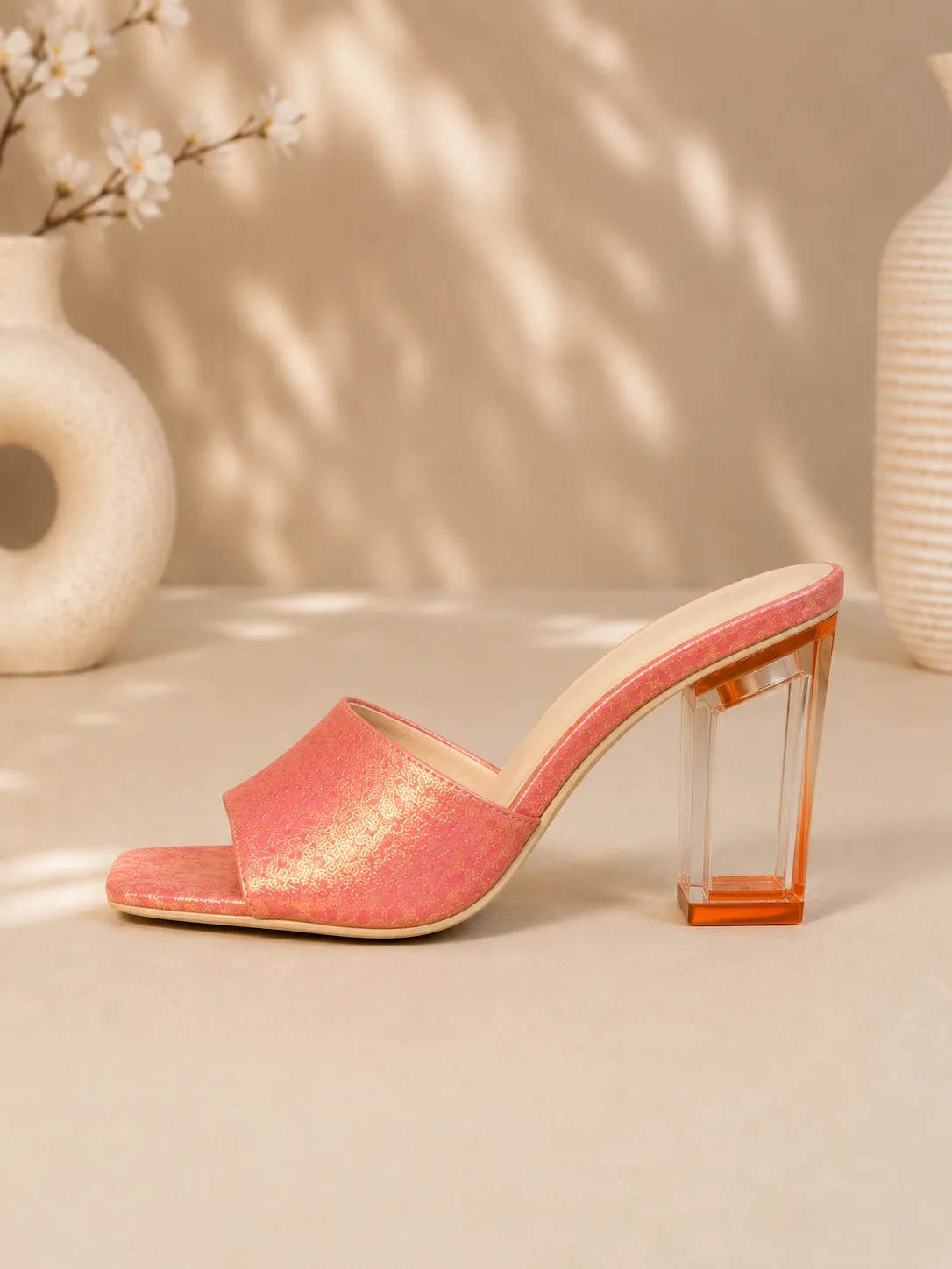 CORAL SHIMMER CLEAR BLOCK HEEL MULES — photo 1