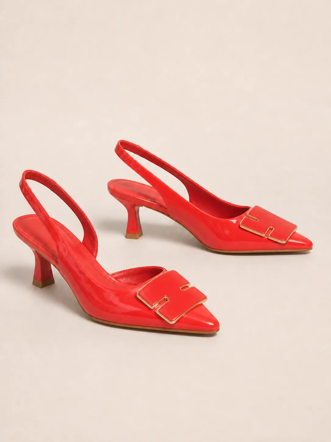 RED PATENT GOLD BUCKLE SLINGBACK HEELS