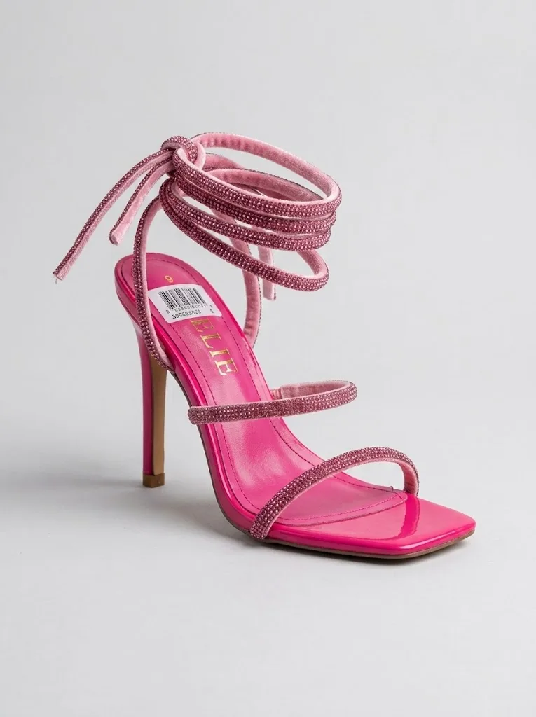 HOT PINK RHINESTONE WRAP TIE STILETTO SANDALS — photo 1