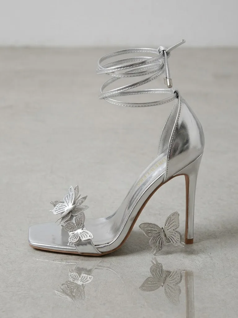 SILVER METALLIC BUTTERFLY LACE UP STILETTOS — photo 1