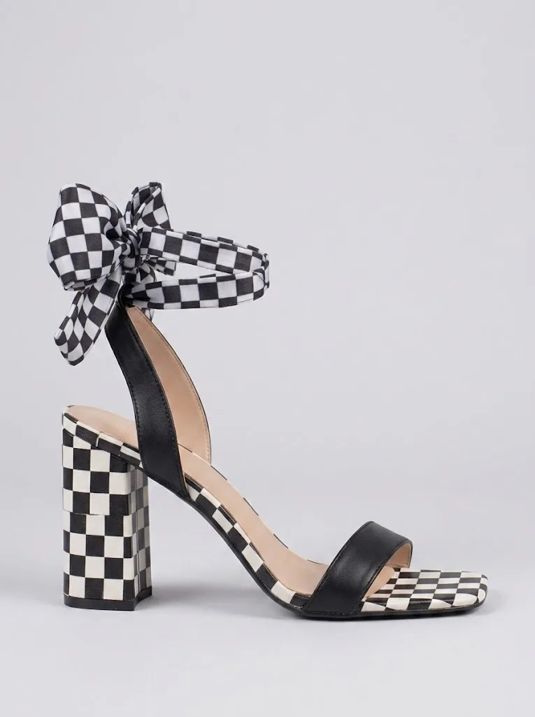 BLACK CHECKERBOARD RIBBON BLOCK HEEL SANDALS — photo 1