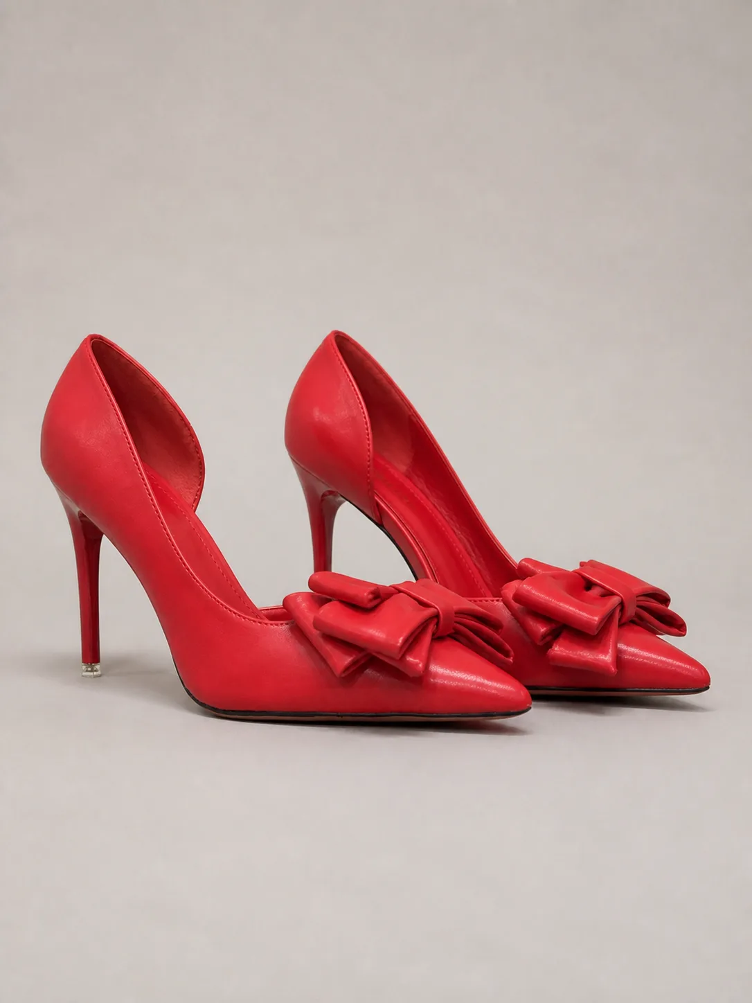 RED SATIN LAYERED BOW STILETTO PUMPS