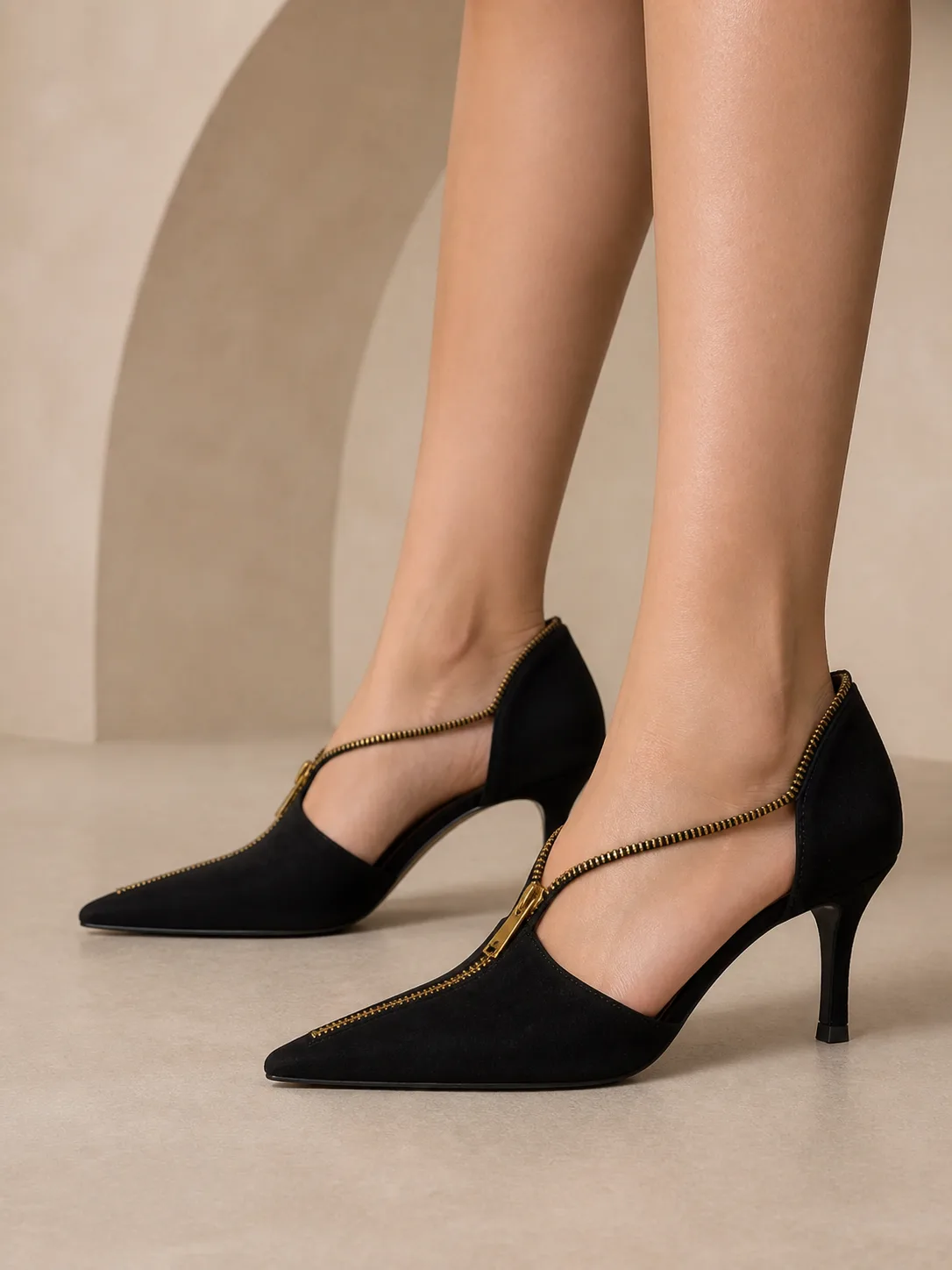 BLACK SUEDE GOLD ZIP TRIM KITTEN HEELS — photo 1