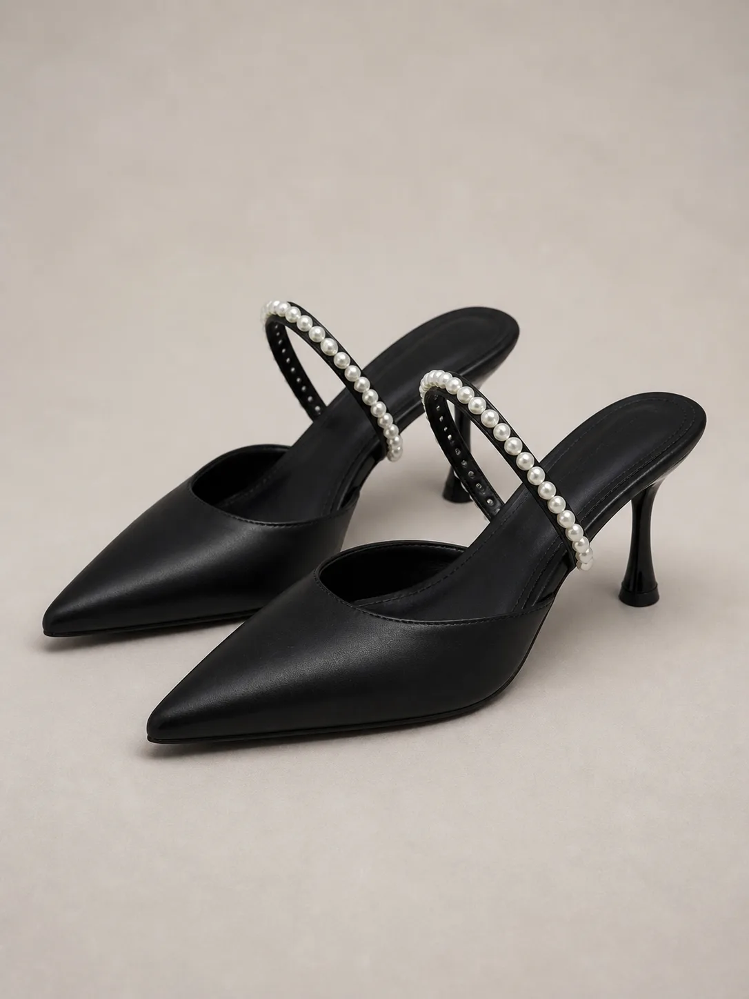 BLACK & IVORY CRYSTAL STRAP MULE HEELS